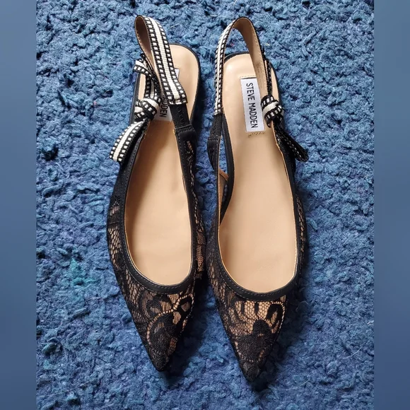 Steve Madden Black Lace Pointed Slingback Flats - Picture 3 of 11